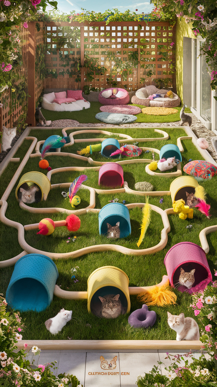 catio ideas for cats Interactive maze with tunnels and toys