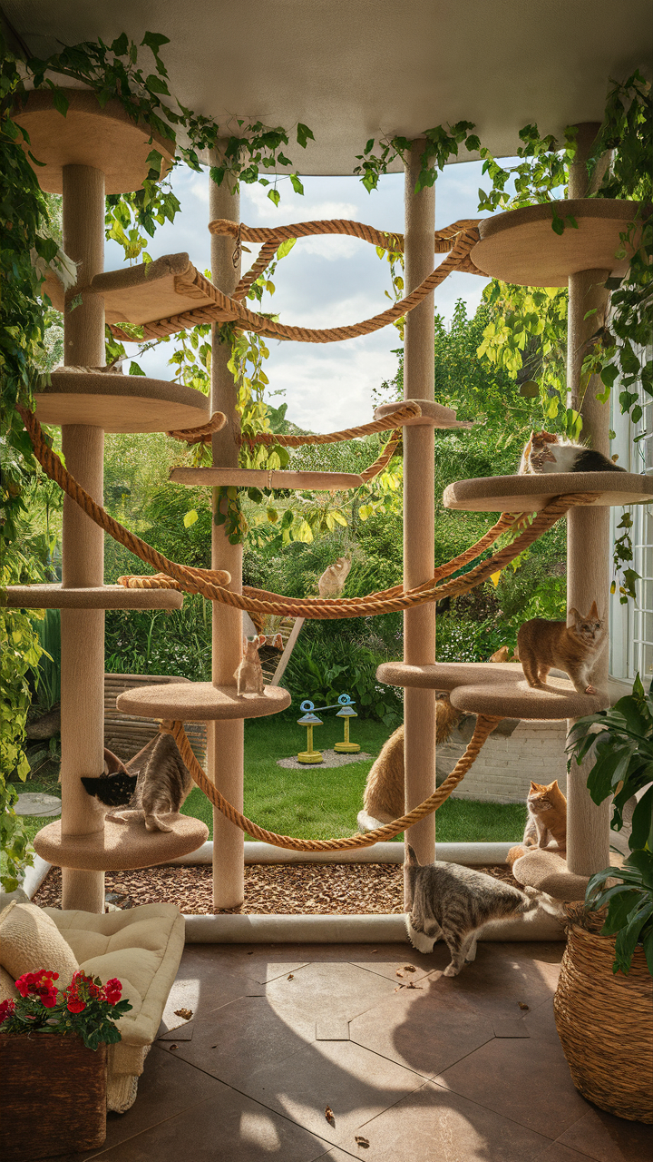 catio ideas for cats Multi level catio with rope bridges