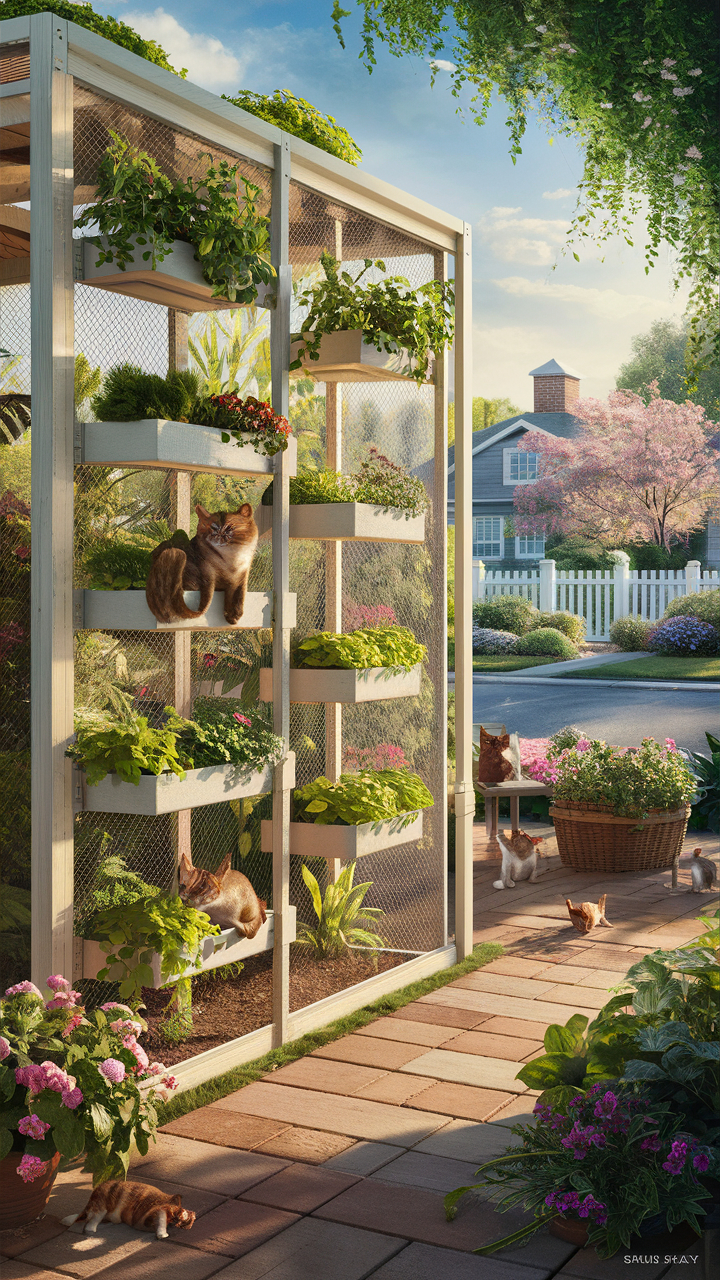 catio ideas for cats Vertical garden catio with climbing shelves