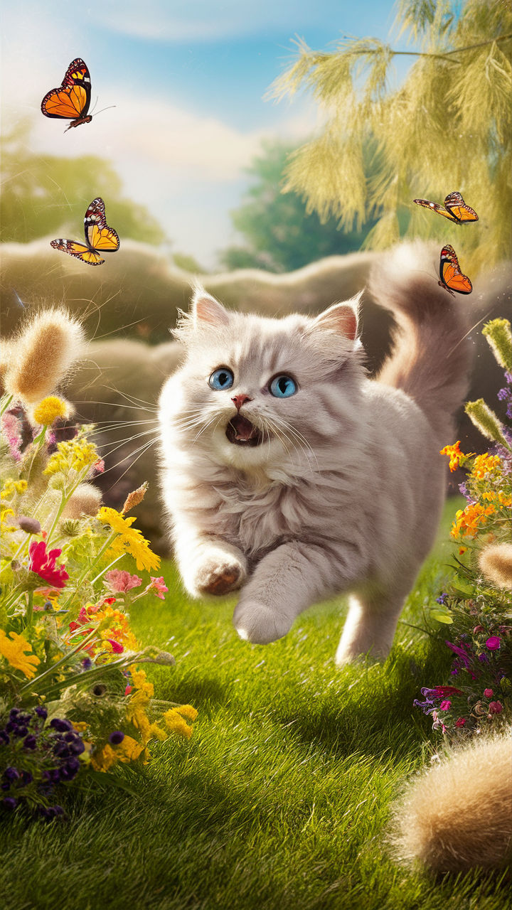 cute baby cats Fluffy cat chasing butterflies