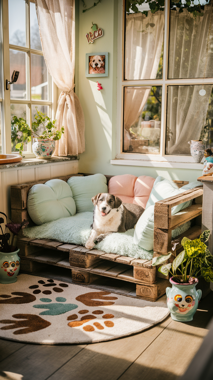 dog corner ideas DIY pallet dog bed with cushions