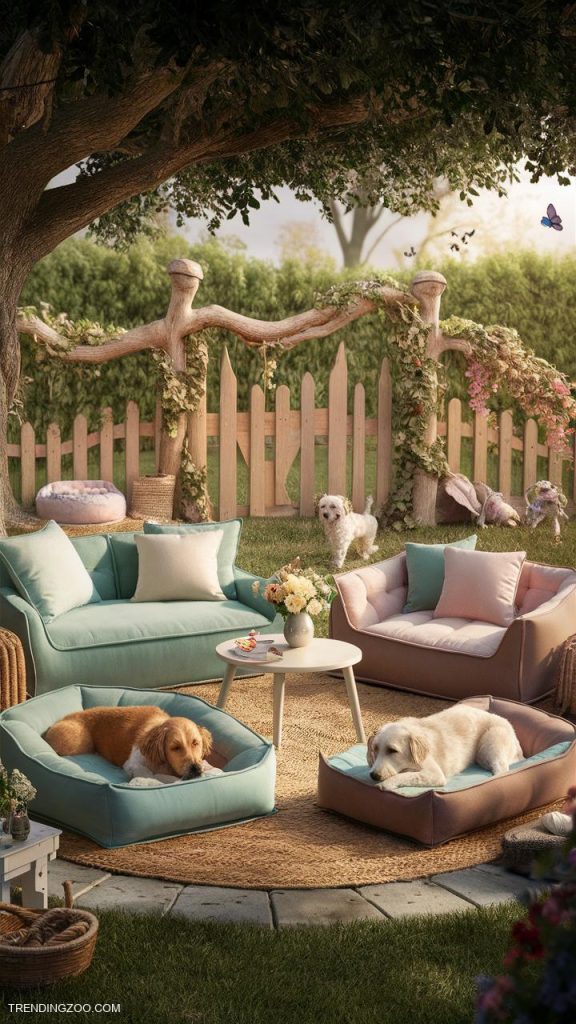 dog yard ideas Cozy shaded lounge with pet beds