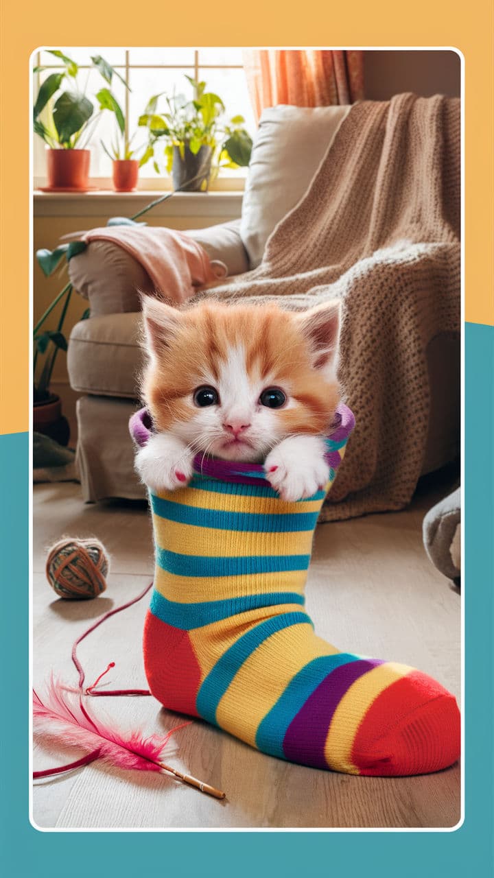 funny cute cats Kitten peeking from a sock