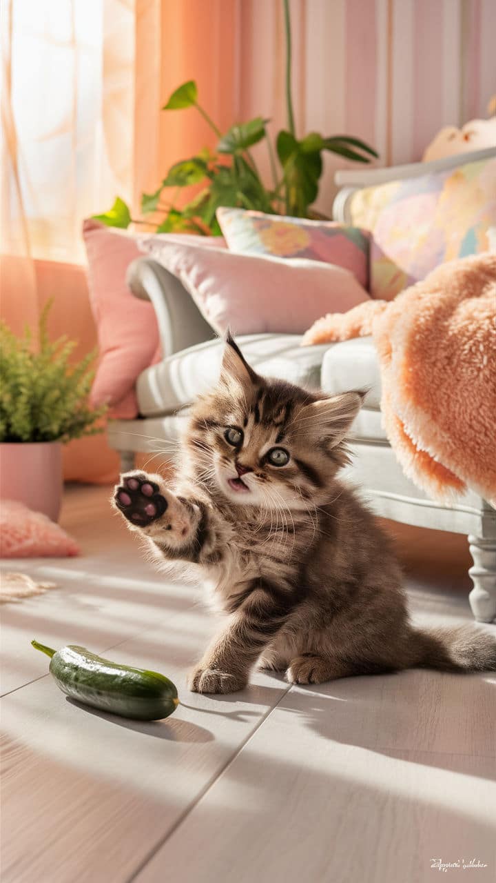 funny cute cats Kitten playing with a cucumber