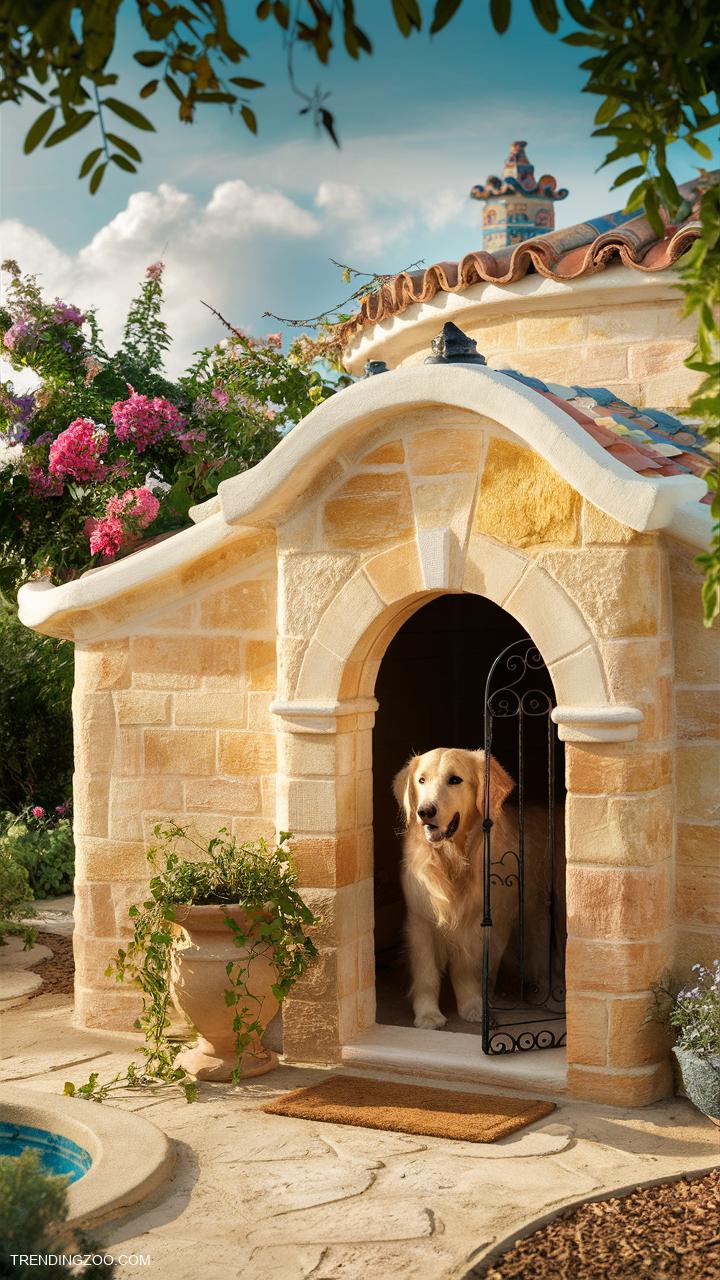 outdoor dog kennel ideas Mediterranean inspired stone kennel design