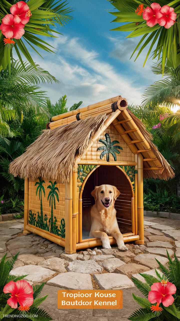 outdoor dog kennel ideas Tropical themed bamboo dog house