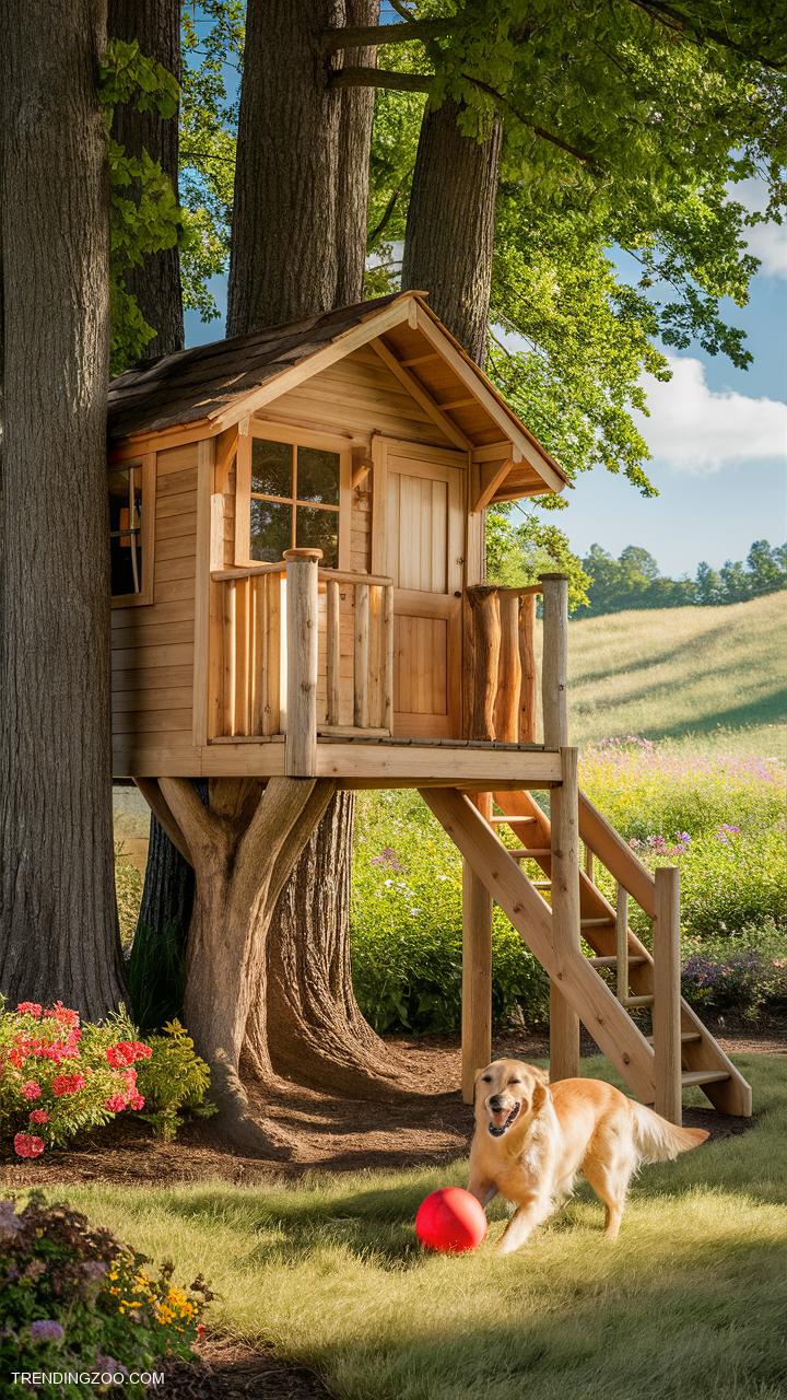 outdoor dog kennel ideas Wooden treehouse style dog retreat