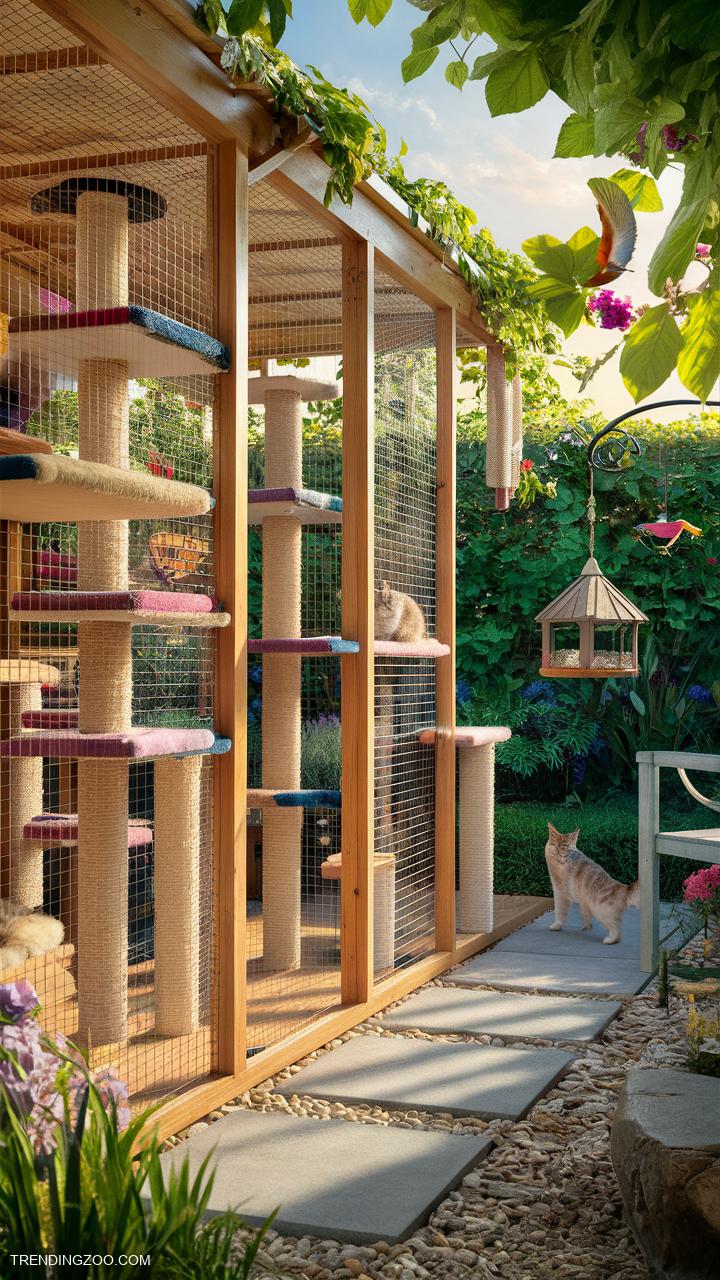 outside cat enclosure Catio with climbing shelves and scratching posts