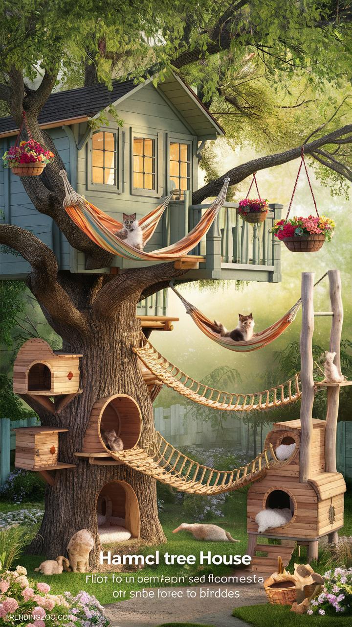 outside cat enclosure Hammock tree house with rope bridges