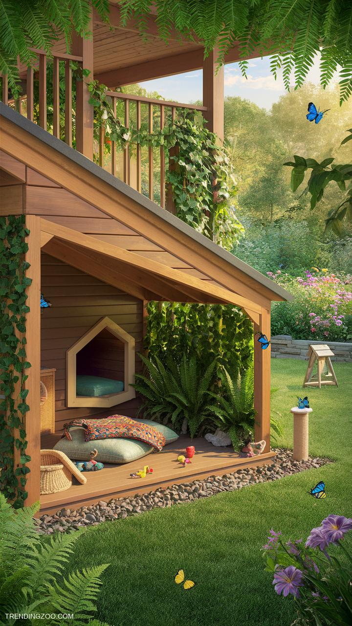 outside cat enclosure Under deck hideaway with privacy plants