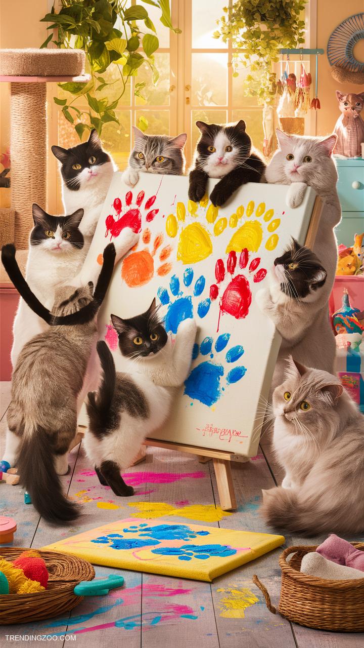 silly cats Whisker art cats painting with paw prints