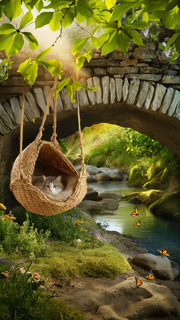 unique cat trees A hammock style cat nest under a bridge