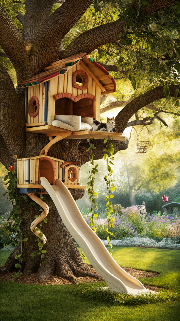 unique cat trees Treehouse style cat perch with a slide