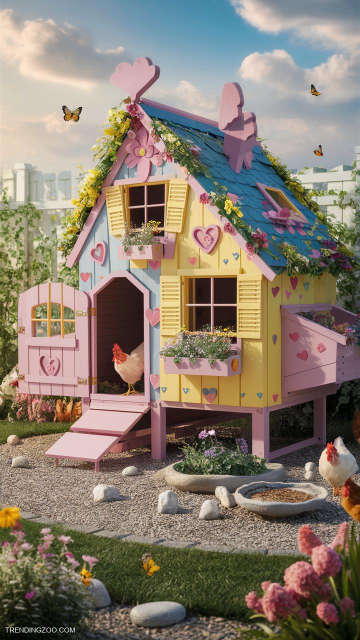 Chicken coop ideas Playhouse inspired coop with vibrant colors