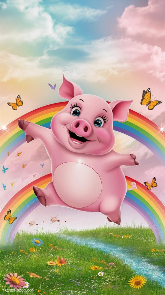 Pig tattoo ideas Playful pig jumping over a rainbow