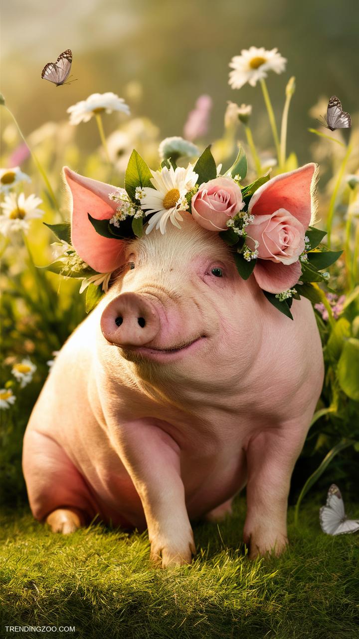 Pig tattoo ideas Realistic pig with a floral crown