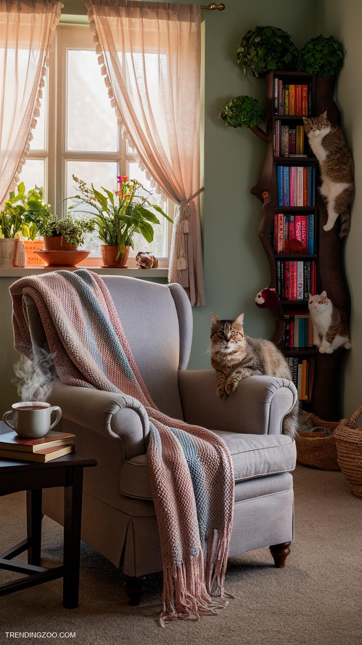 apartment cat ideas Cozy reading nook with a feline bookshelf