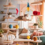 diy cat shelves Hanging shelves with attached play toys