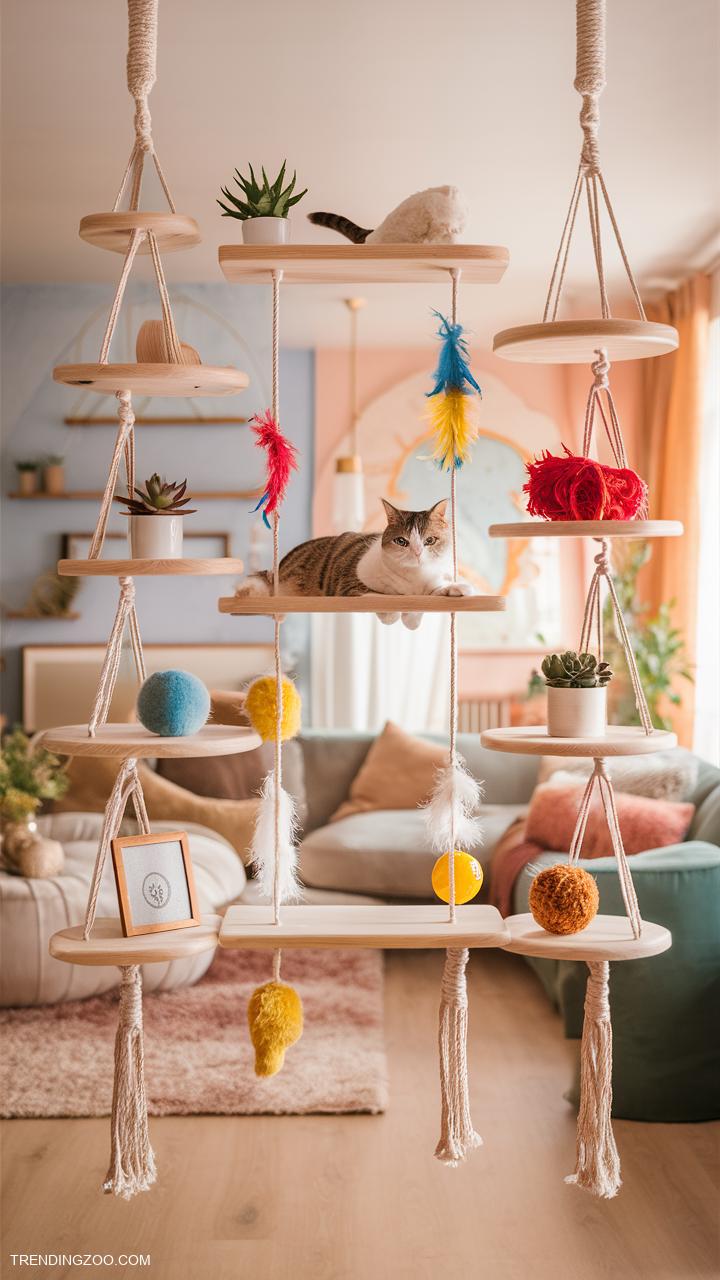 diy cat shelves Hanging shelves with attached play toys