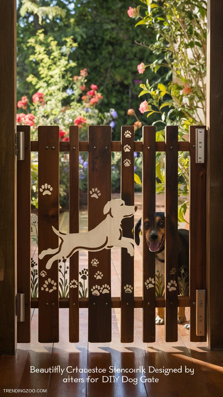 diy dog gate ideas Stencil Artwork on Wooden Slat Gate