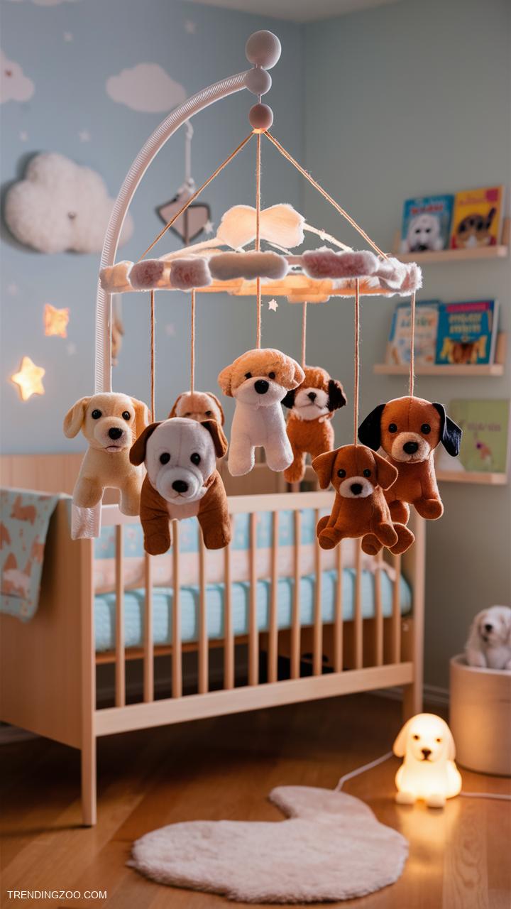 dog themed nursery Furry friends mobile hanging above crib