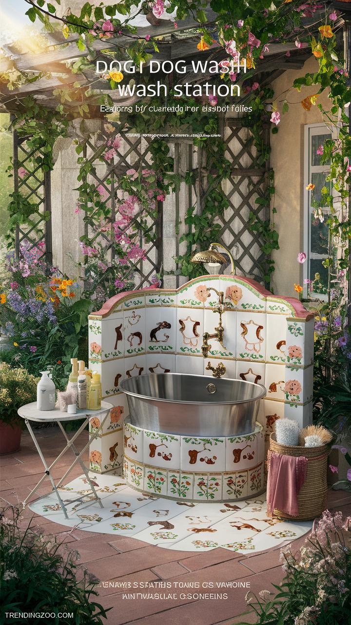 dog washing station Garden themed dog wash with decorative tiles