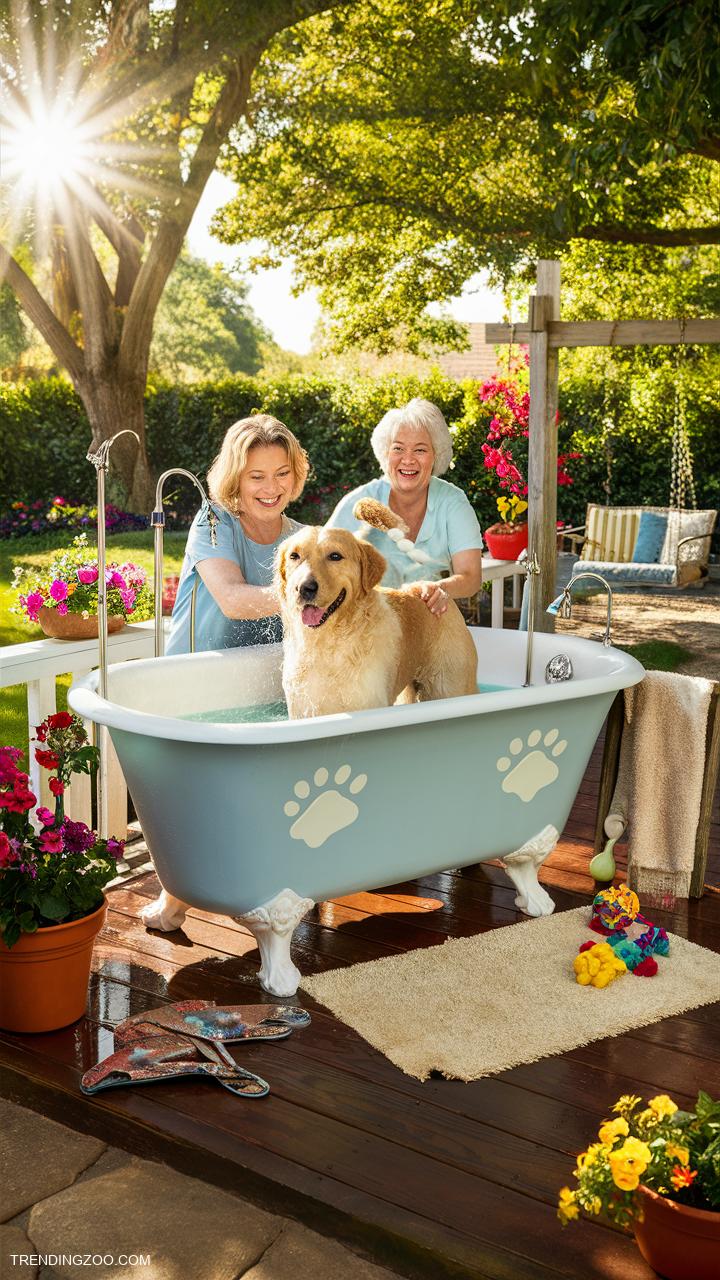 dog washing station Repurposed bathtub as permanent dog wash