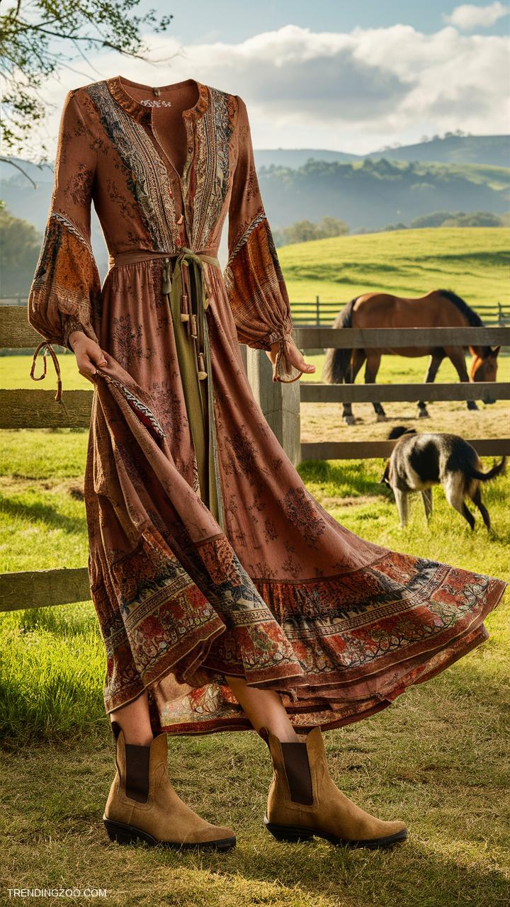 horseback riding outfits Bohemian maxi dress with ankle boots