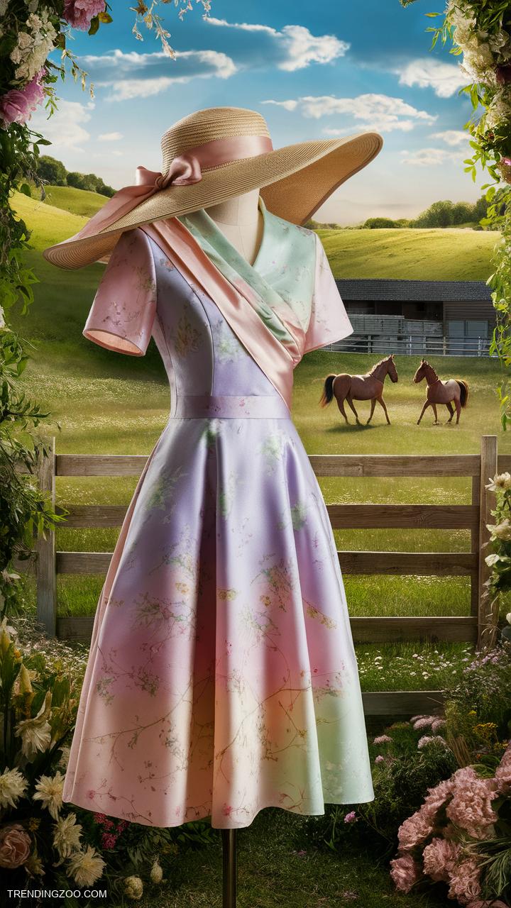 horseback riding outfits Pastel floral dress with a wide brim hat