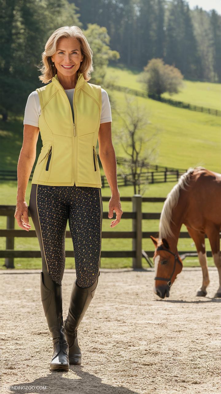 horseback riding outfits Sporty leggings paired with a bright vest