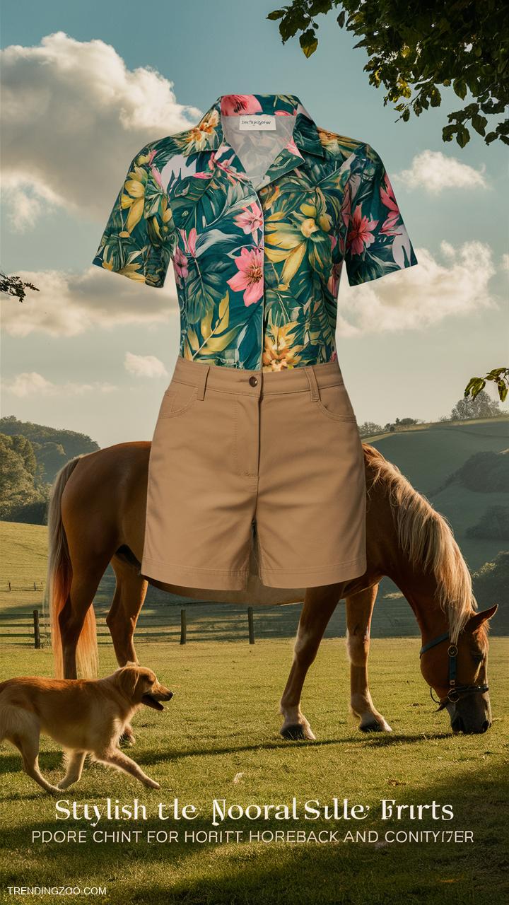 horseback riding outfits Tropical print shirt with khaki shorts