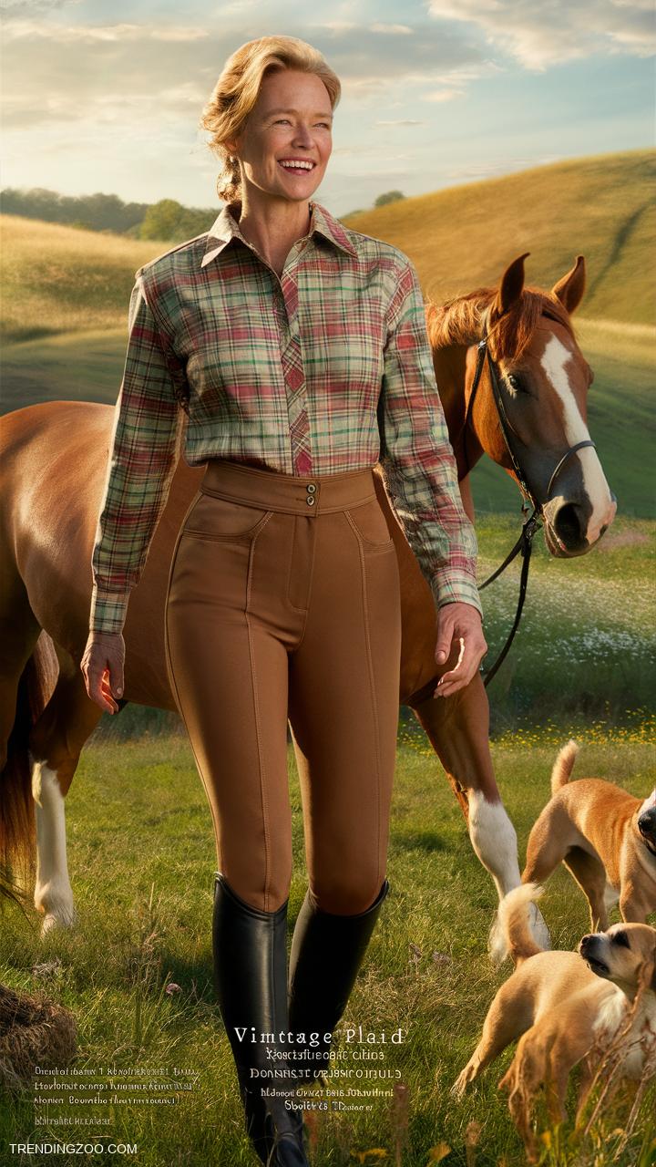 horseback riding outfits Vintage plaid shirt tucked into breeches