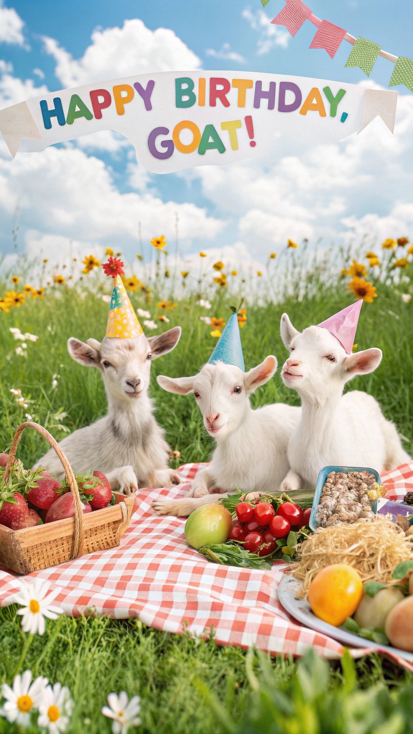 Cute baby goats host a goat birthday party celebration picnic