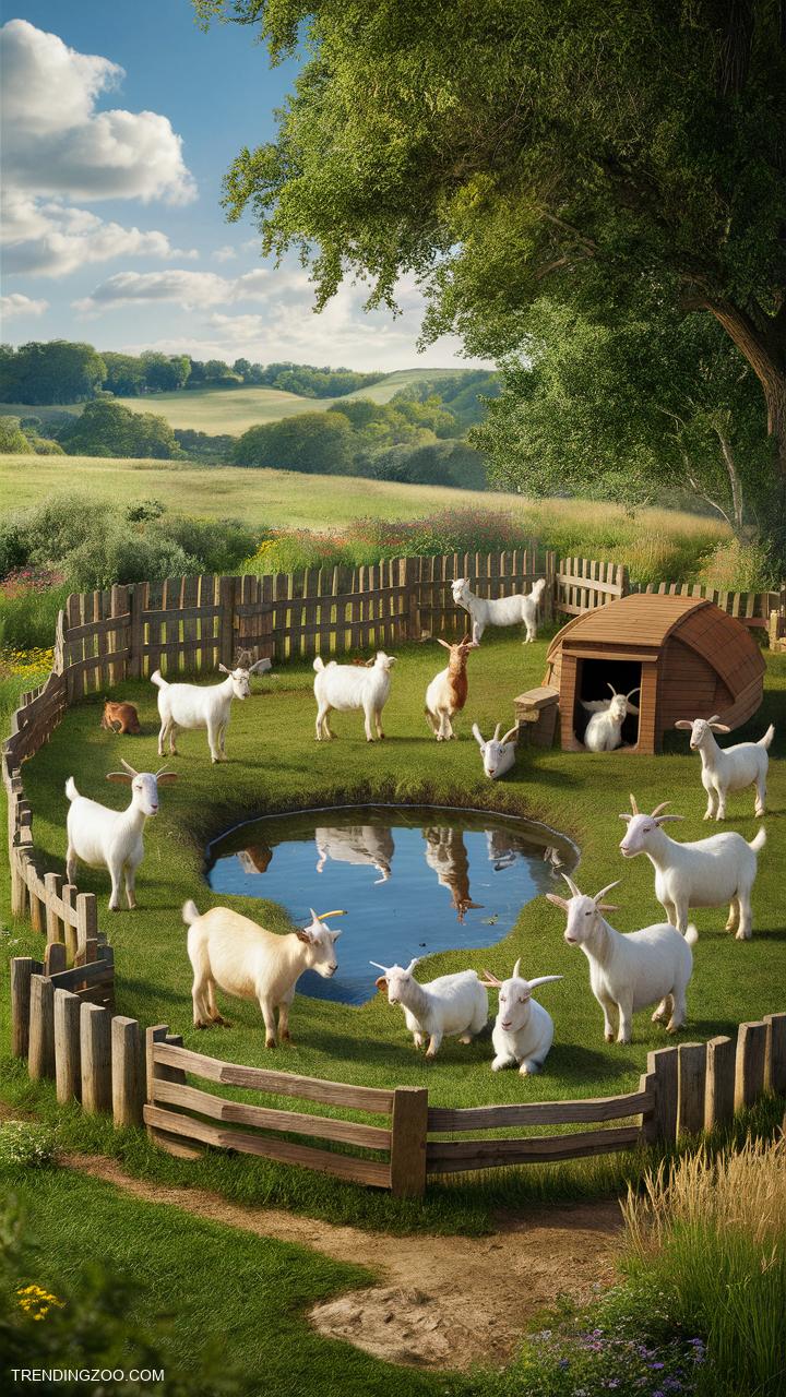Goat pen ideas Goat pen with a small pond feature