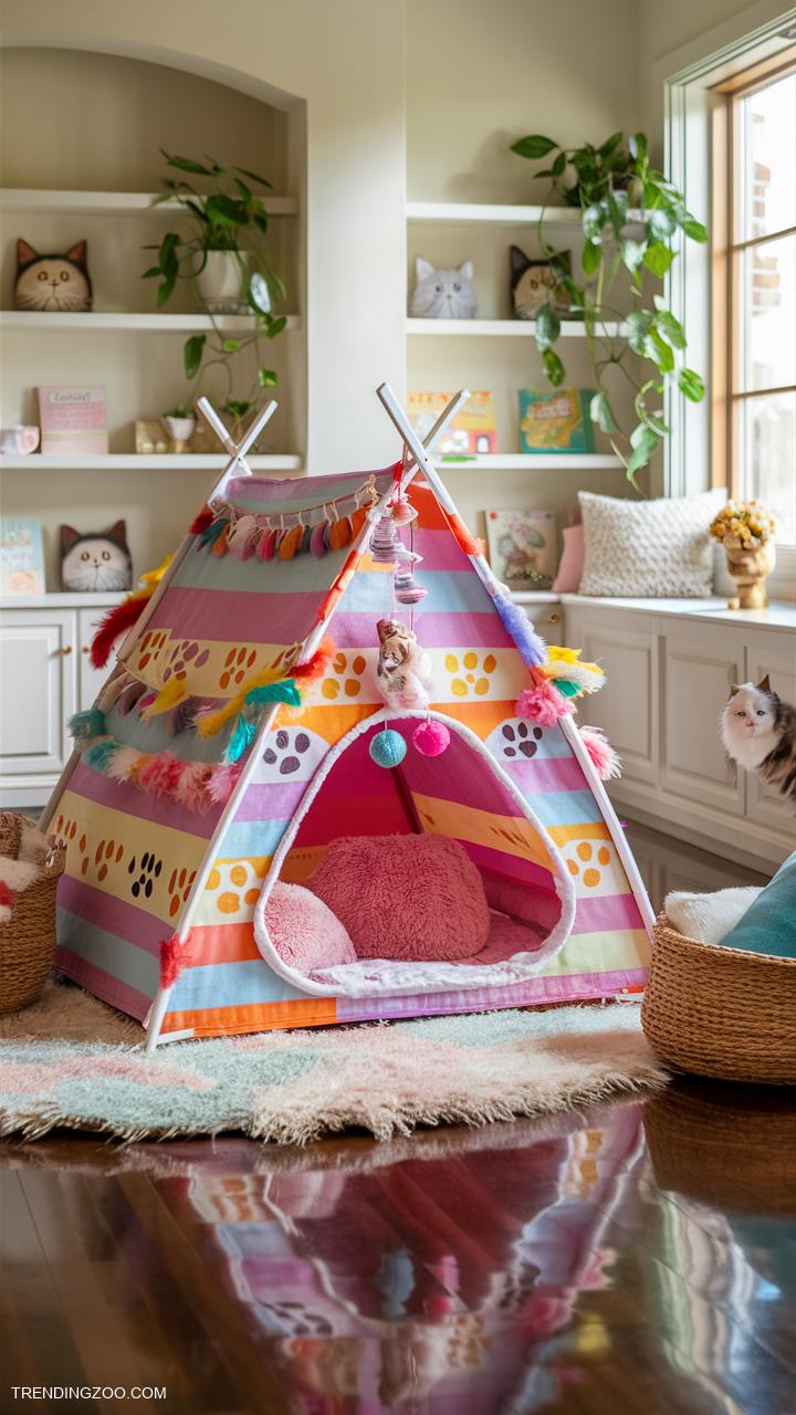 cat bedroom ideas Colorful cat tent with playful accessories