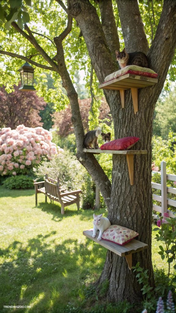 cat friendly garden ideas Cat friendly climbing shelves on trees
