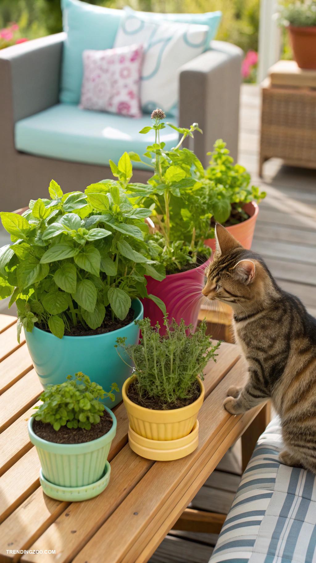 cat friendly garden ideas Potted herbs for nibbling and exploring