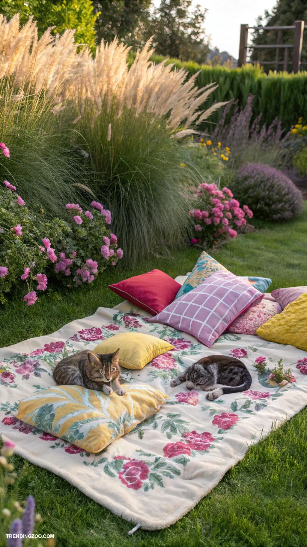 cat friendly garden ideas Sunbathing spots with cushions or blankets