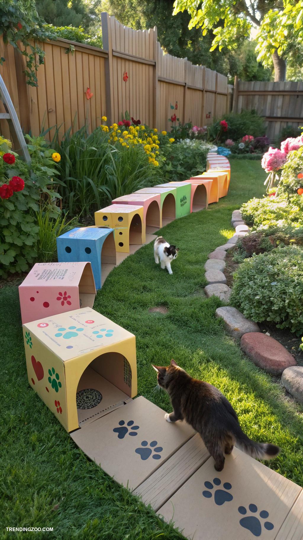 cat friendly garden ideas Tunnel maze made from cardboard boxes