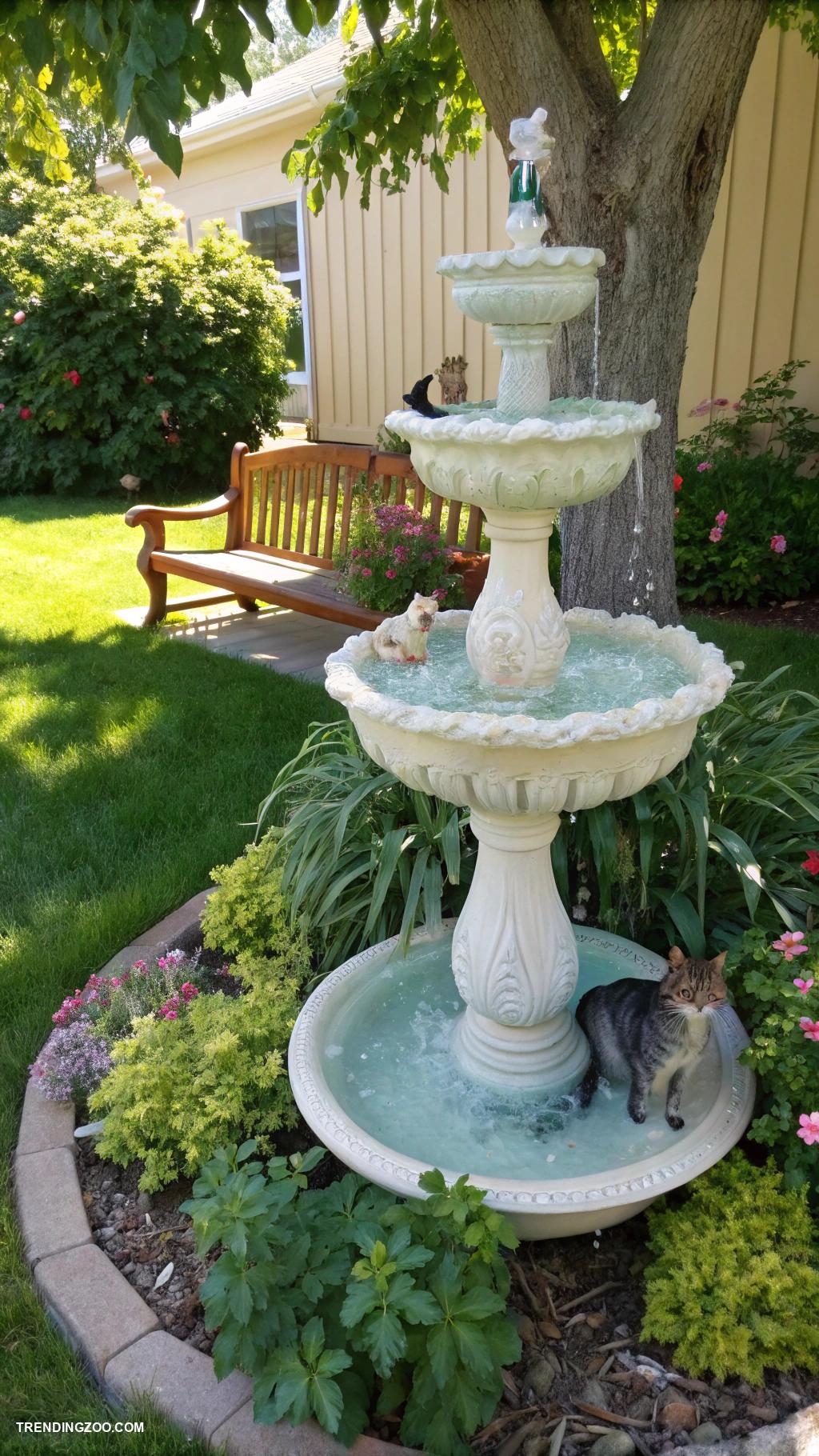 cat friendly garden ideas Water fountain for drinking and splashing