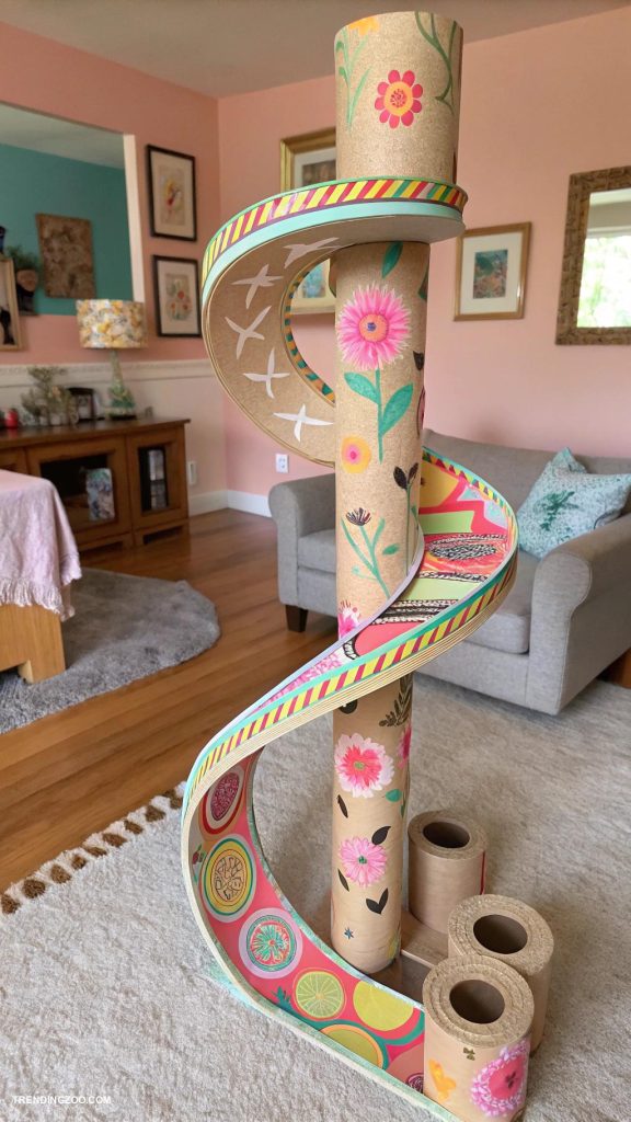 cat scratching post designs Recycled cardboard rolls in a colorful maze
