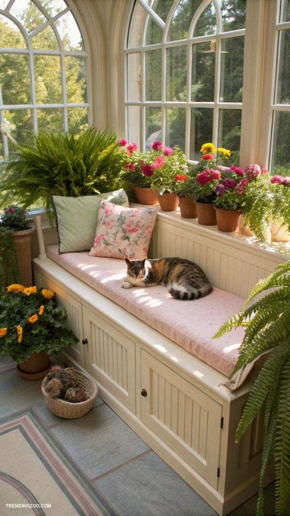 cat window perch ideas Elevated bench with potted plants