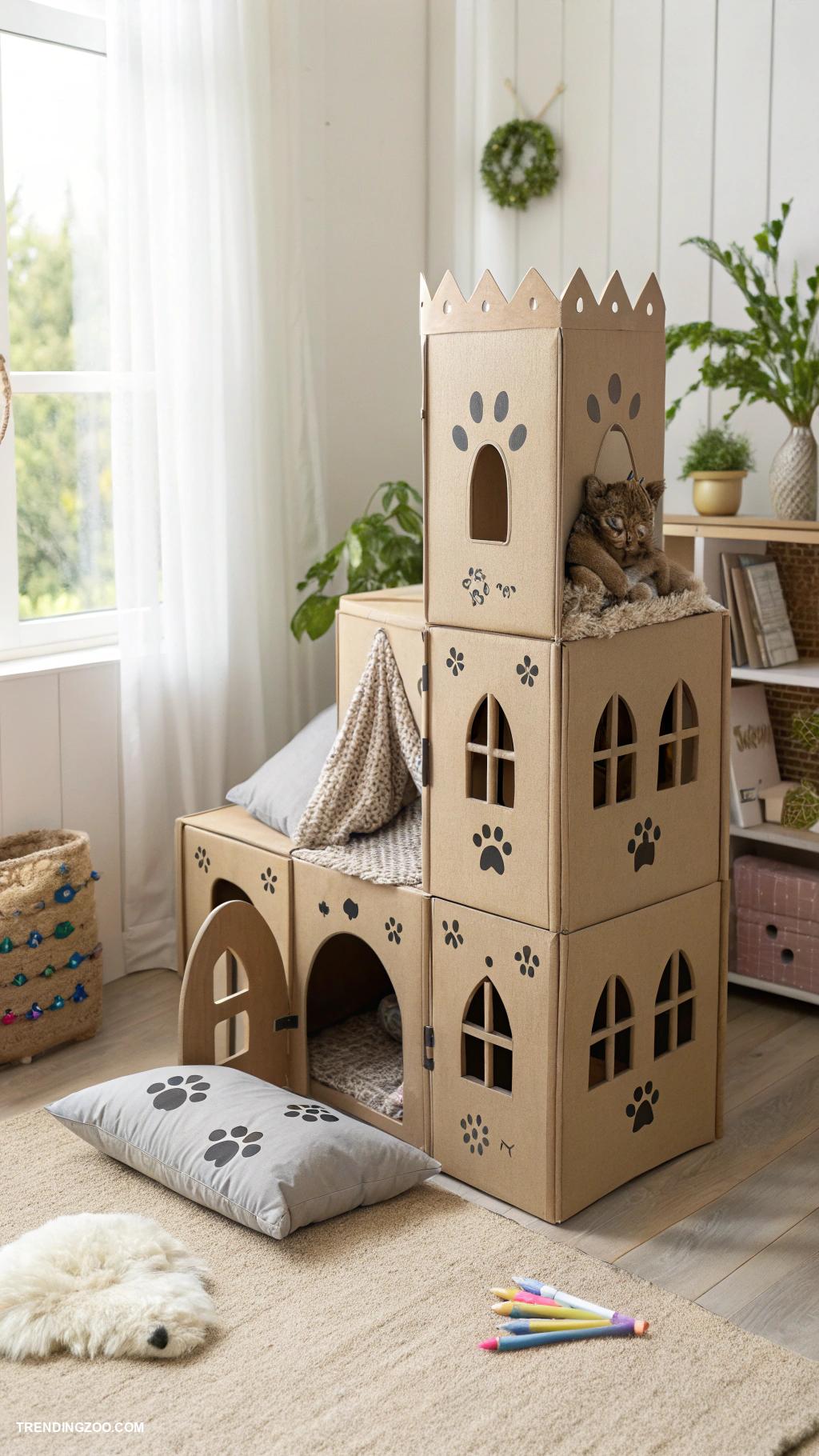 diy cat bed Cardboard box cat castle
