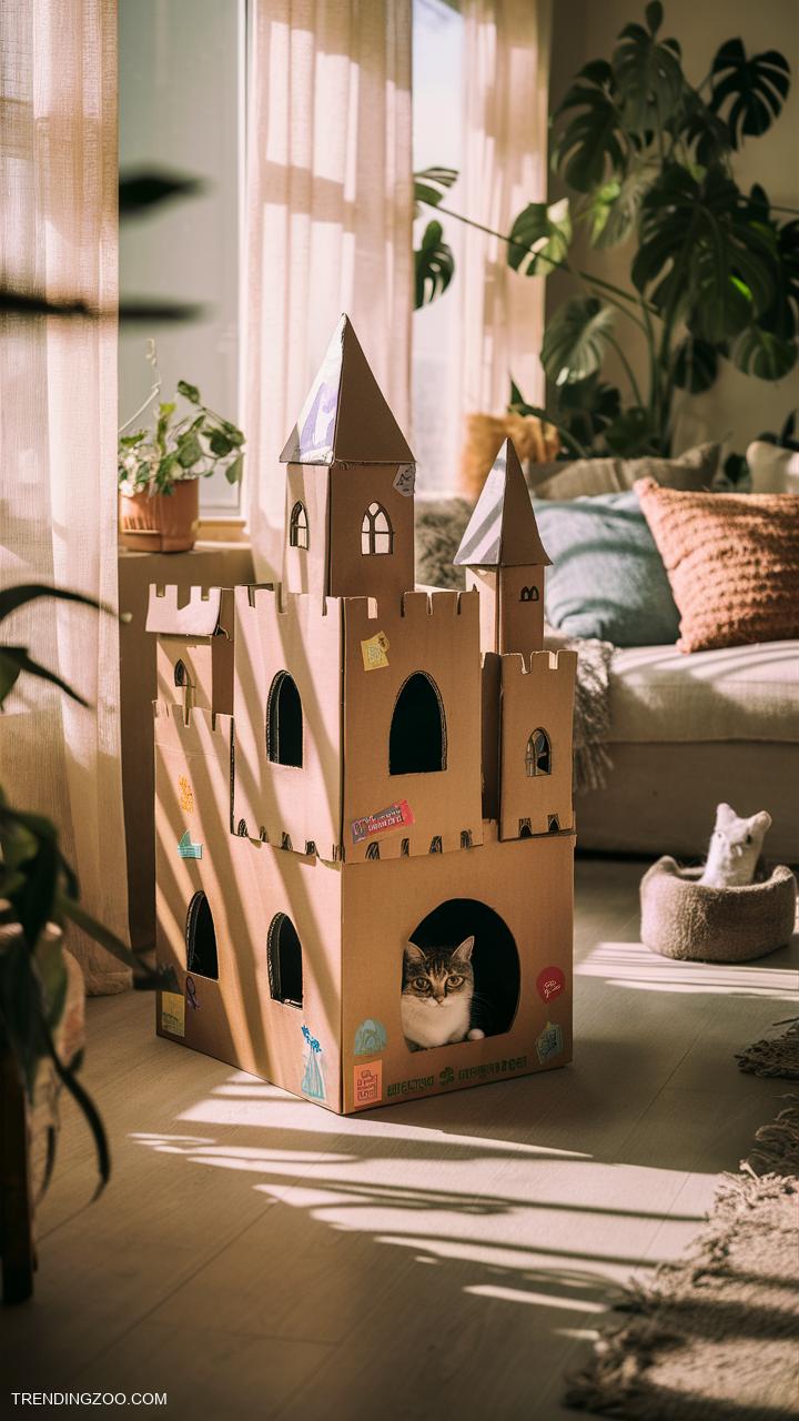 diy cat house Cardboard box castle with towers
