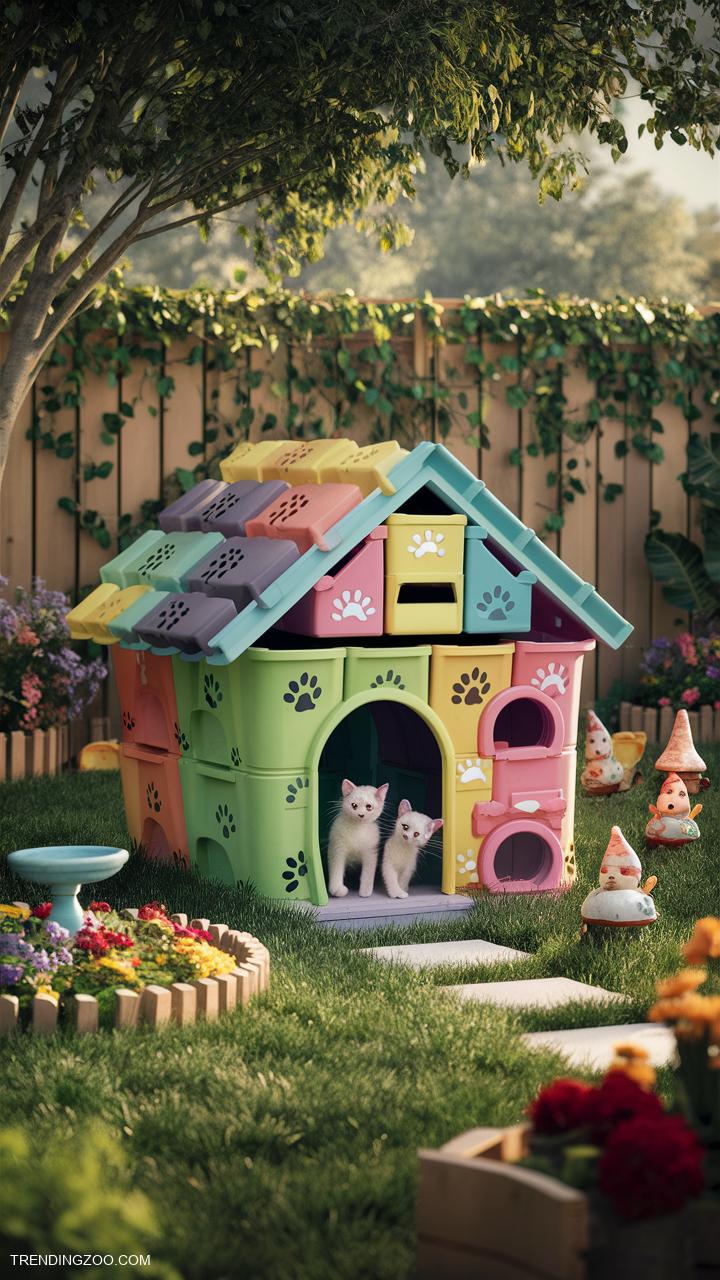 diy cat house Painted plastic storage bin cabin