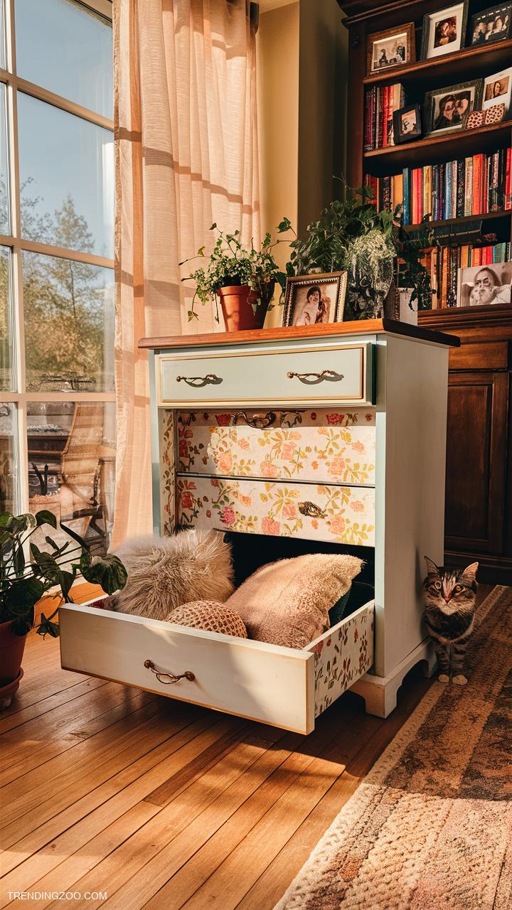 diy cat house Upcycled dresser drawer cat lounge
