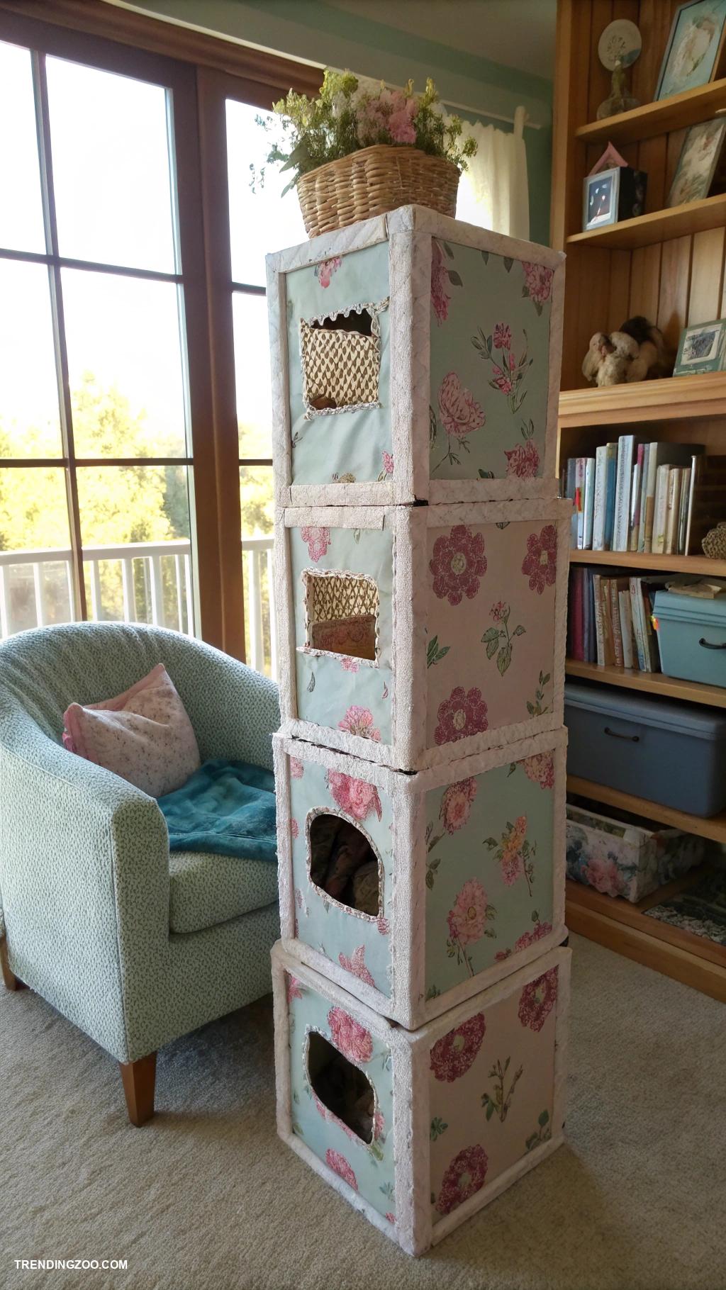 diy cat tree Fabric covered milk crates stacked creatively