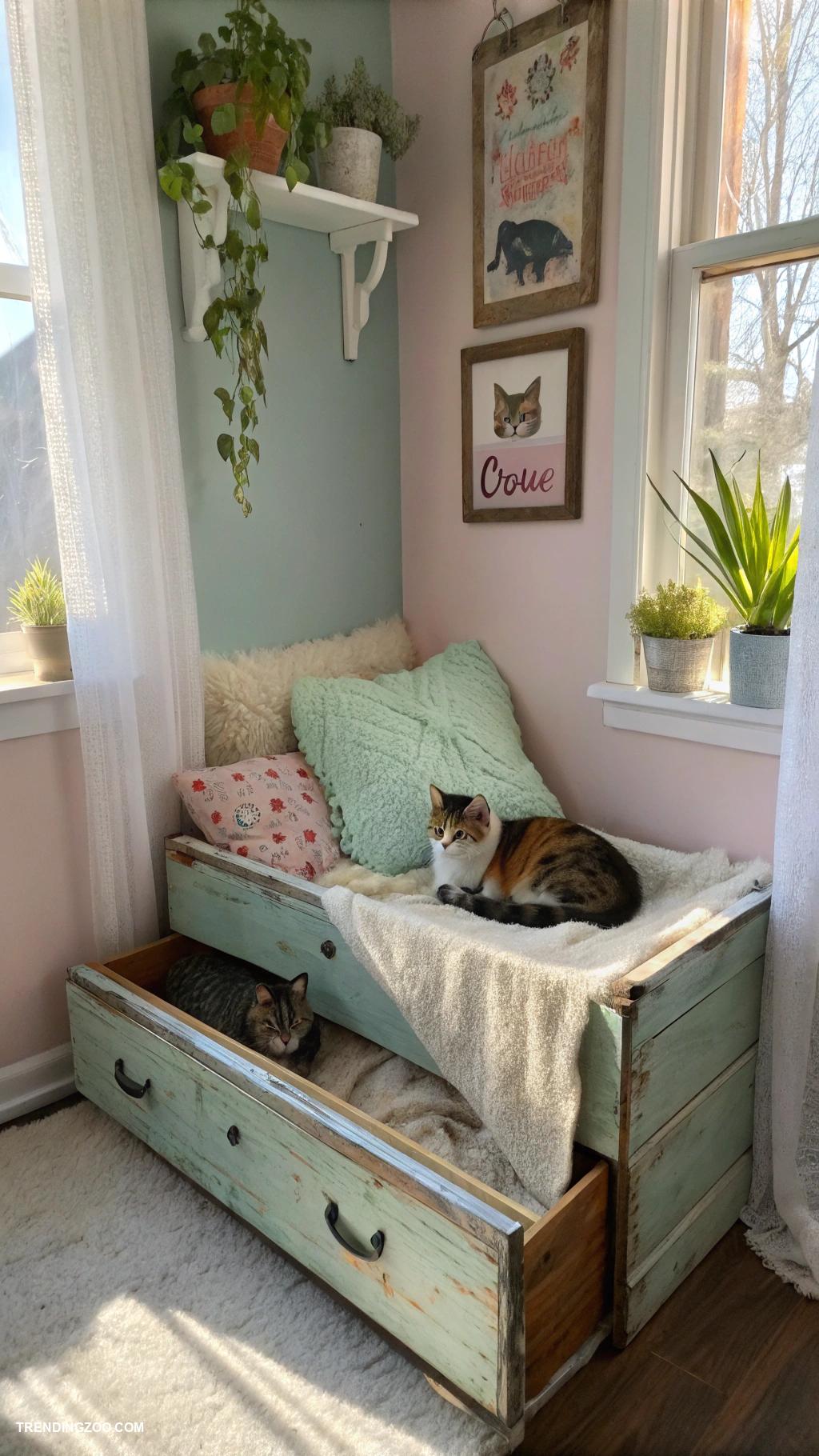 diy cat tree Old drawer turned into cozy nook