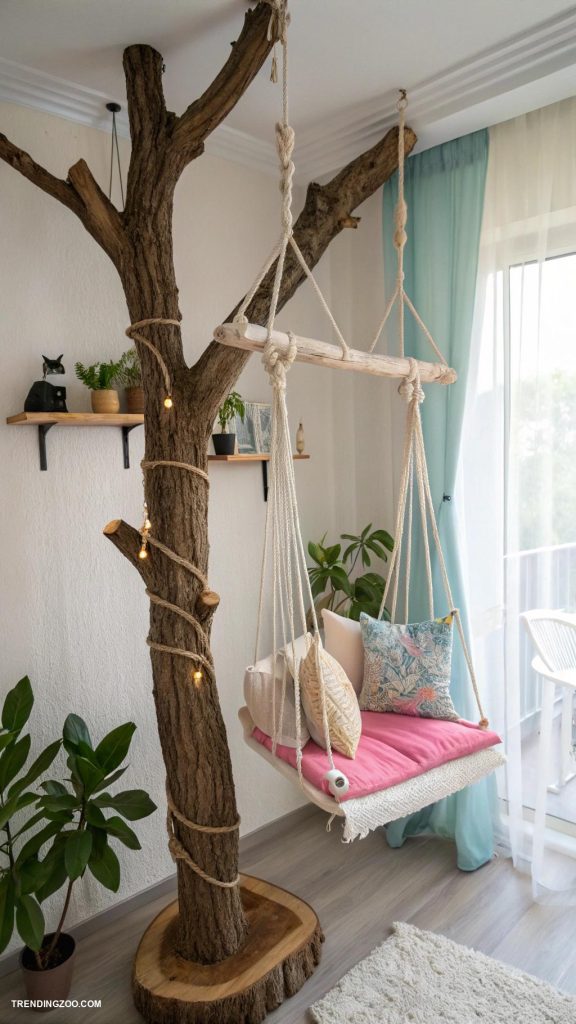 diy cat tree Tree branch with hammock and perches
