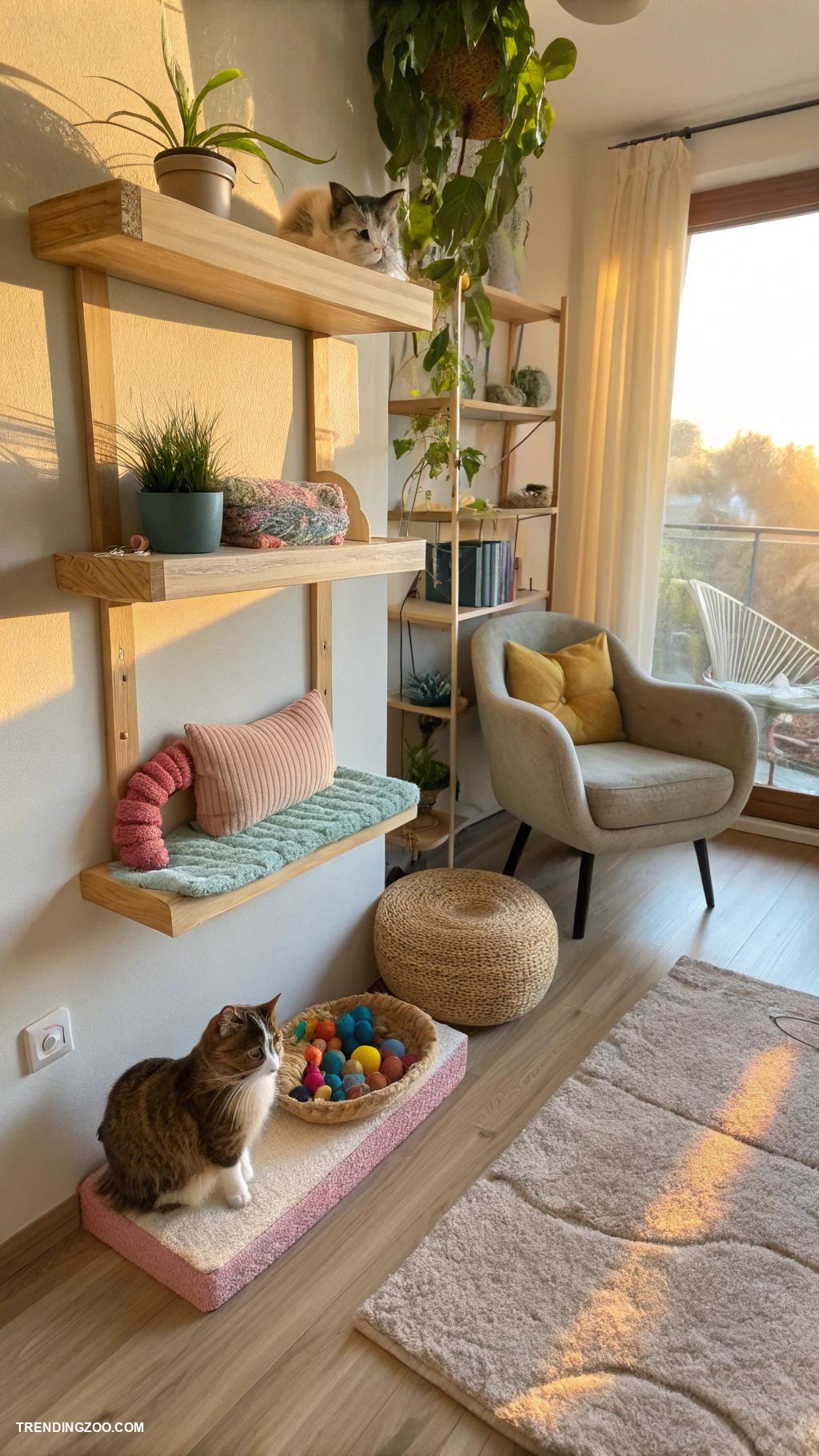 diy cat tree Wall mounted shelves with carpeted edges